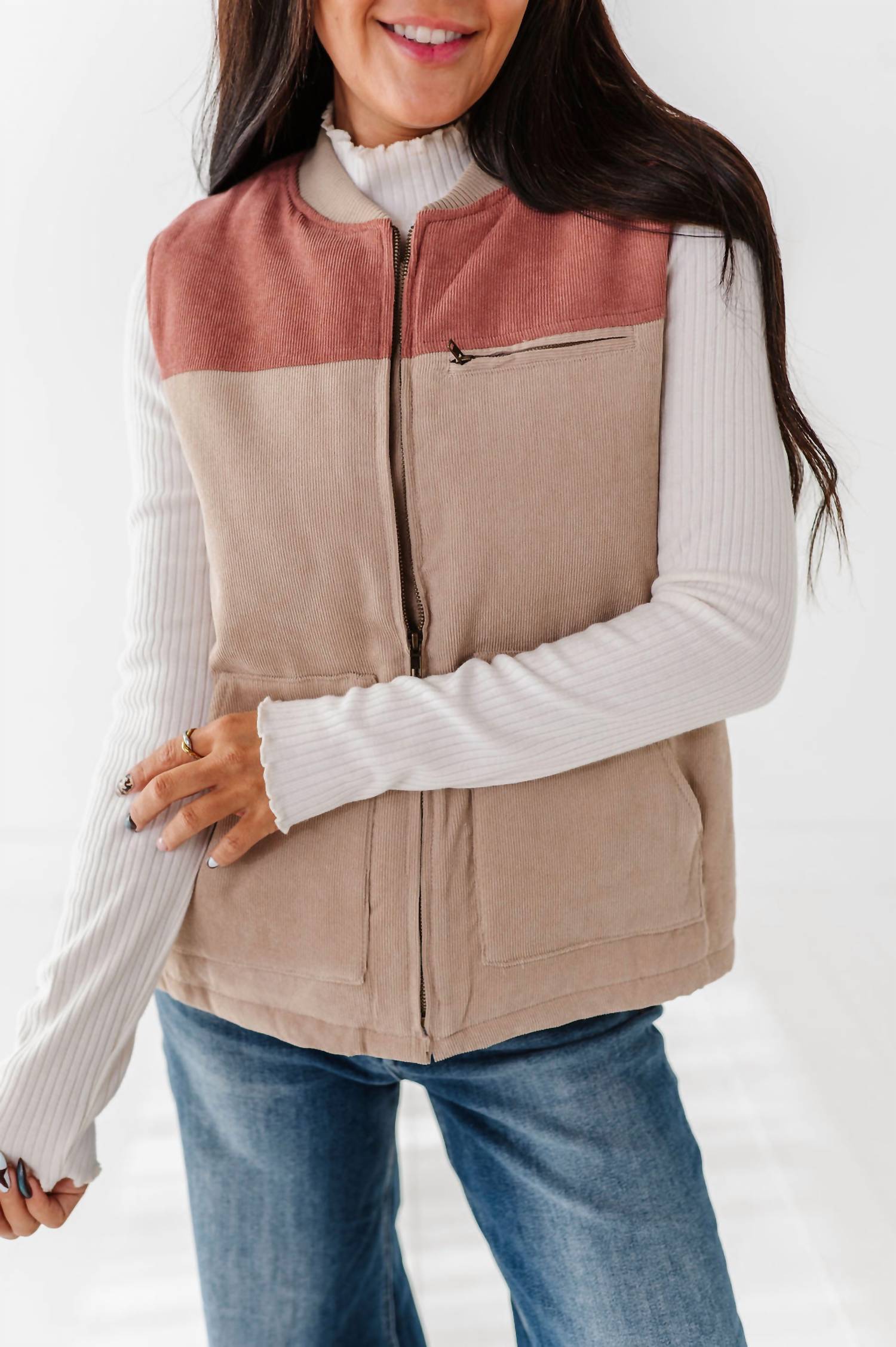 Hem & Thread Shiloh Corduroy Vest in taupe - women's jacket