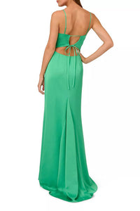 Liv Foster - Adjustable Spaghetti Strap Tie Back V-neck Textured Satin Gown