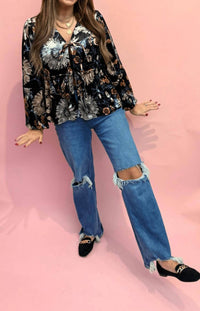 By Together Velvet Floral Print V Neck Open Front Top in black - women's blouse - view 4