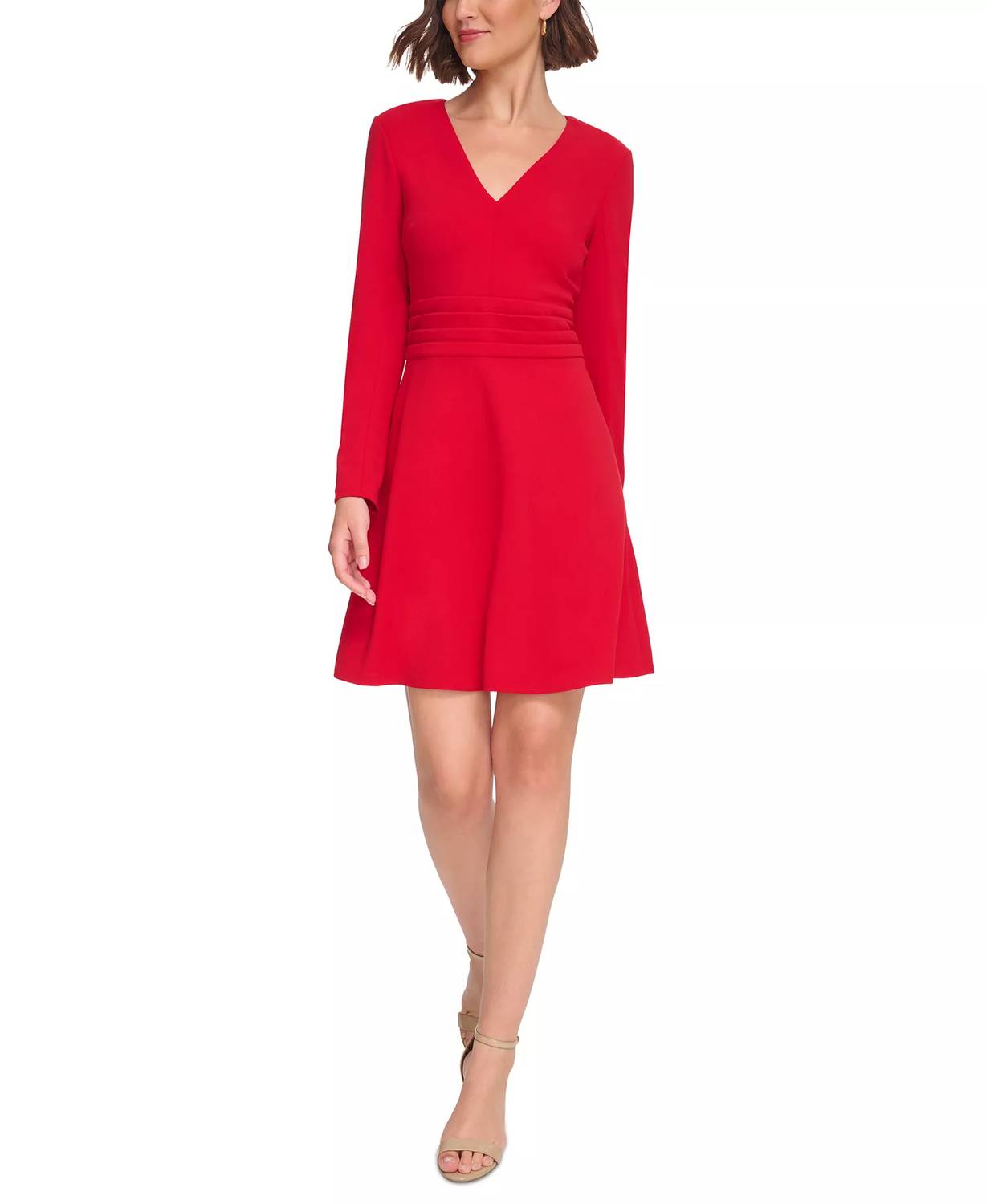 Tommy Hilfiger - Pleated V-neck Zipped-sleeves Dress