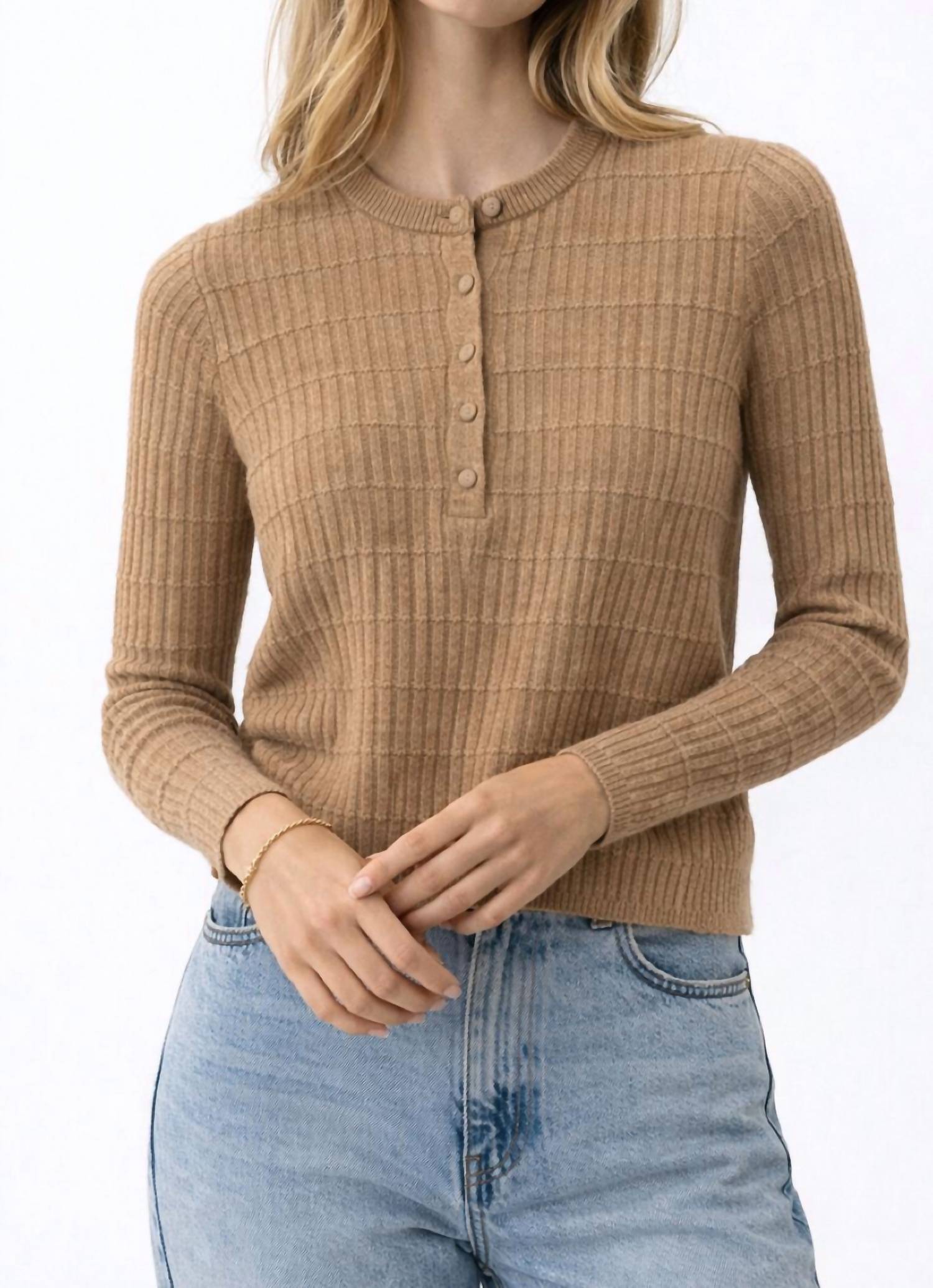 White + Warren Cashmere Textured Henley Sweater in taupe heather - women's sweater