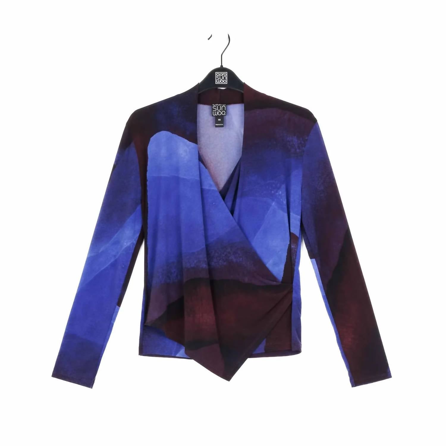 CLARA SUNWOO Long Sleeve Crossover Faux Wrap Top in purple multi 1 - women's blouse - view 4