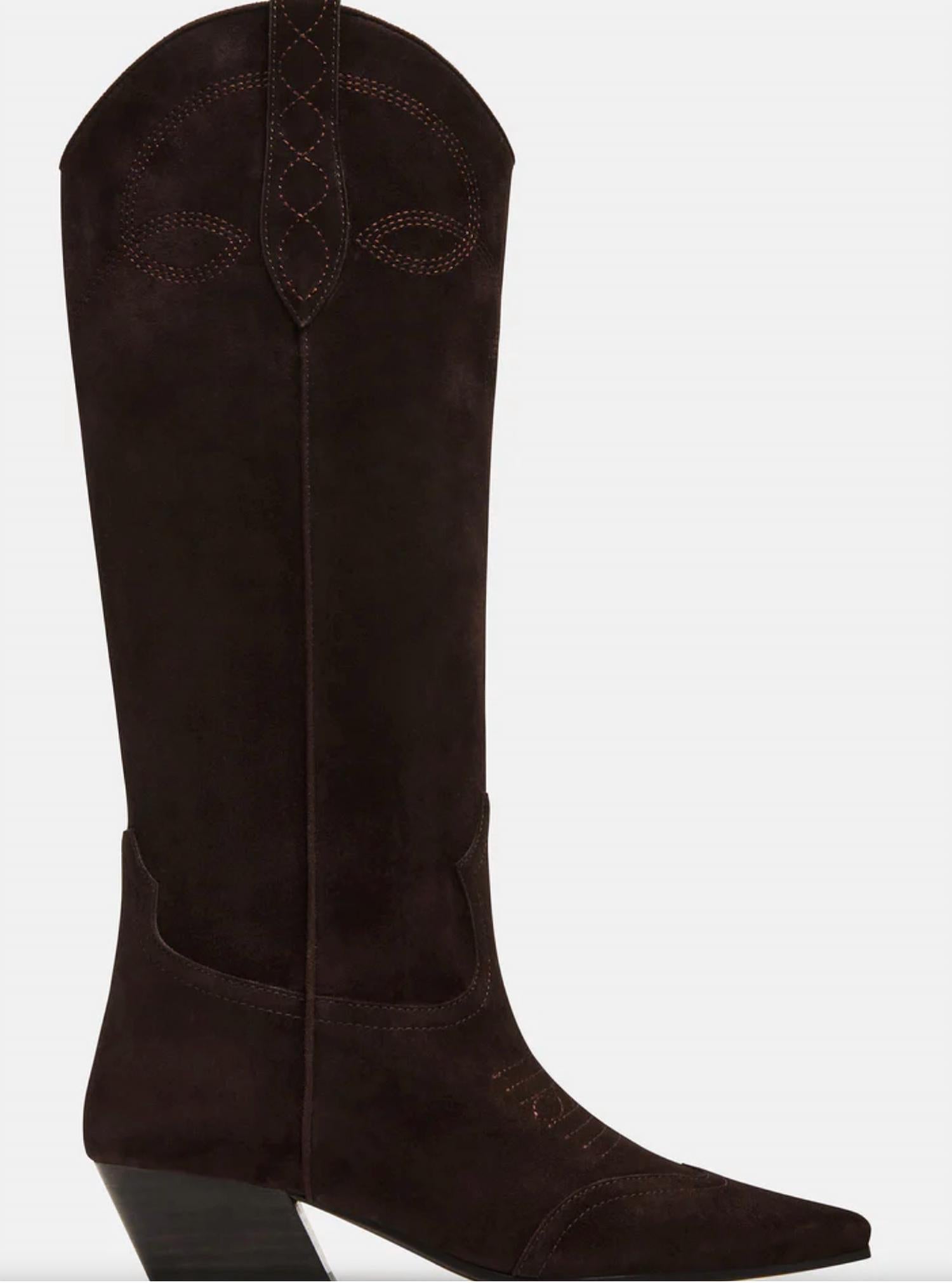 STEVE MADDEN Women's Dollie Western Boot in chocolate suede - women's shoe