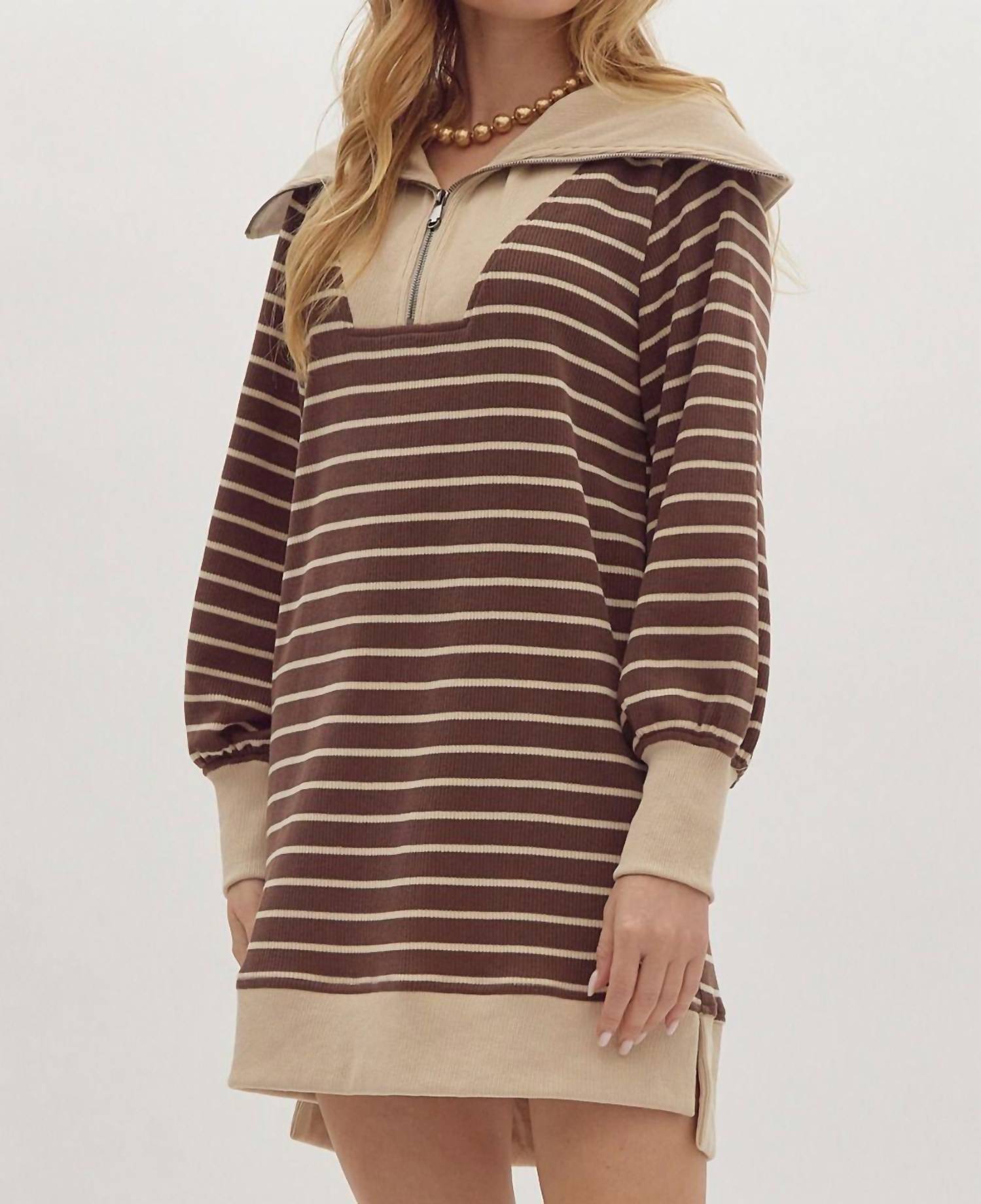 Entro - Ribbed Zip Up Long Sleeve Mini Dress