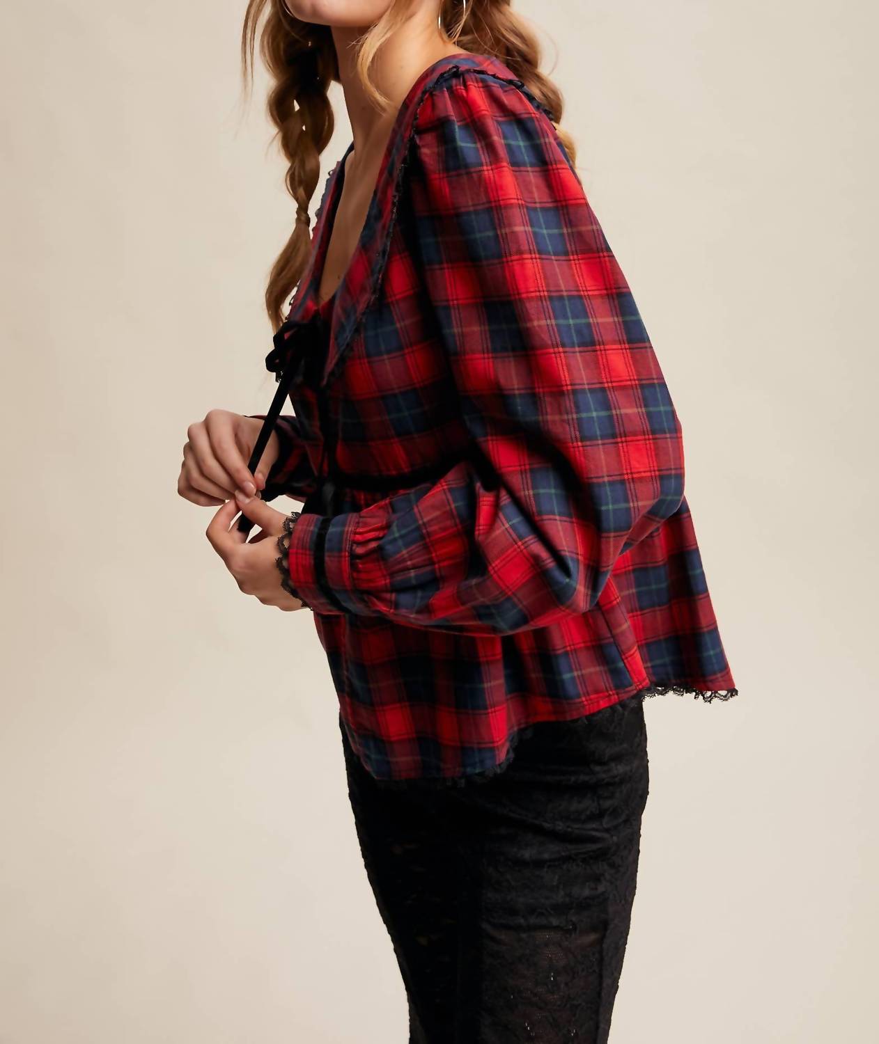 Listicle - Plaid Velvet Trim Holiday Blouse