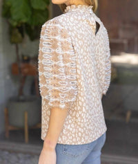 Voy - Lace Half Puff Sleeve Animal Print Top