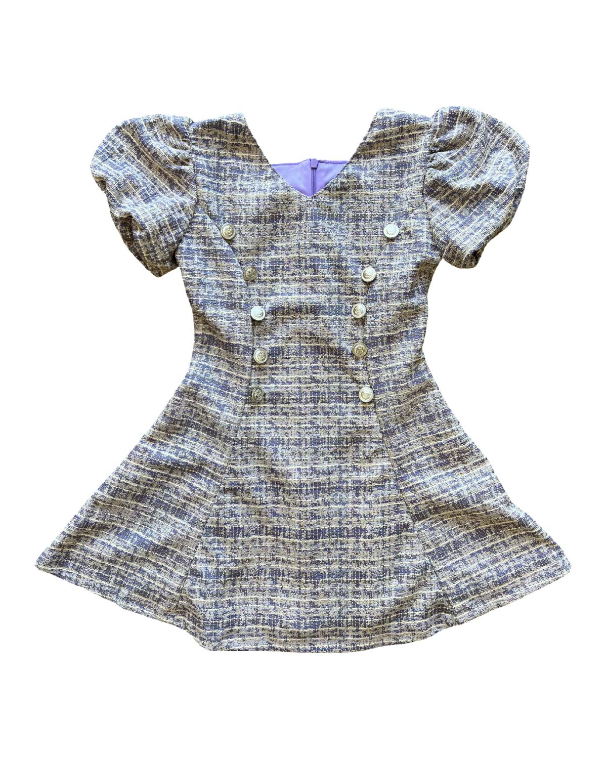 Flowers By Zoe - Girl's Tweed V Neck Button Dress