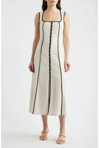 Zoe And Claire - Contrast Piping Square Neck Button-up Midi Dress