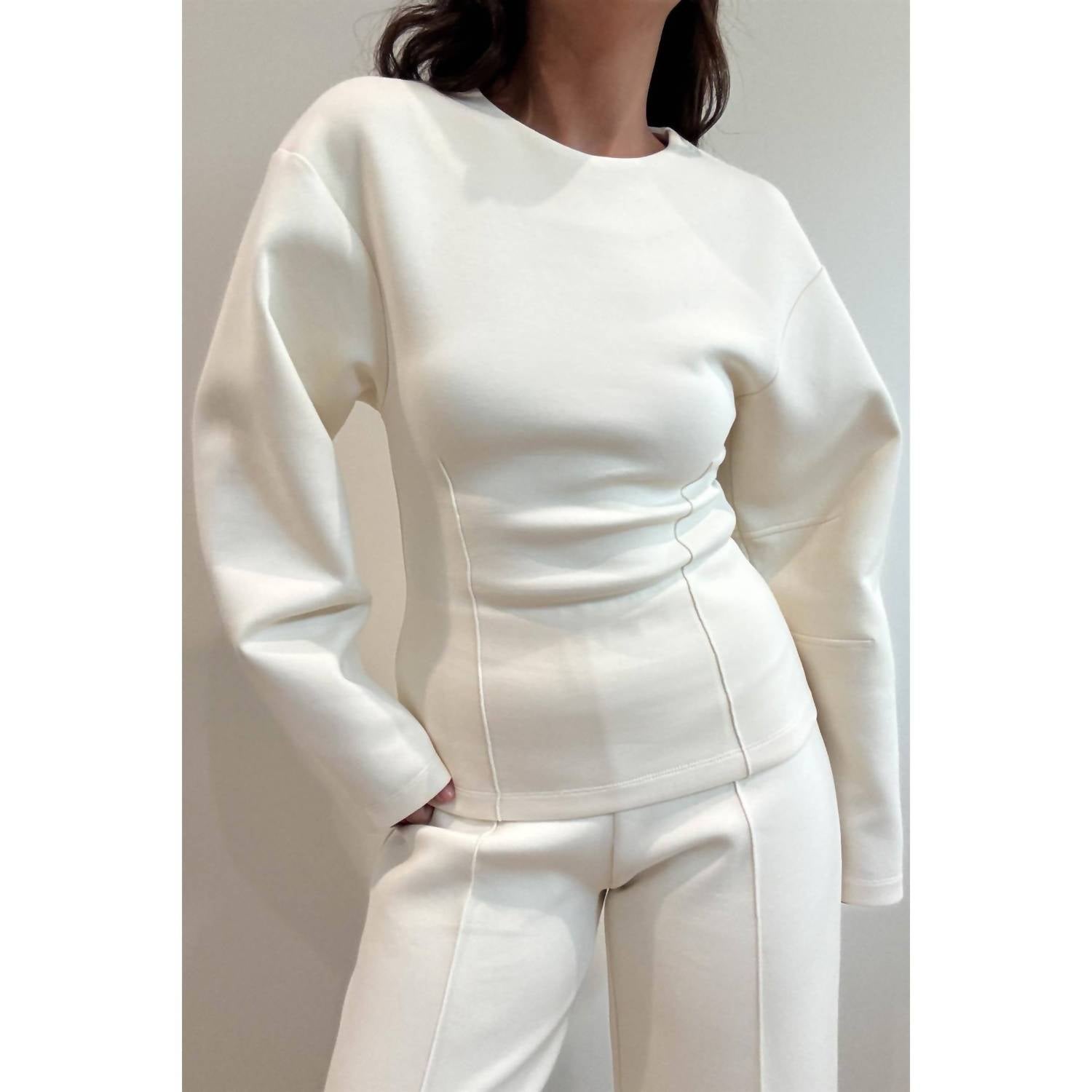 Et Clet - Statement Sleeve Fitted Waist Cotton Knit Top