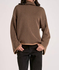 ELAN Striped Long Sleeve Sweater in tan black stripe - women's sweater