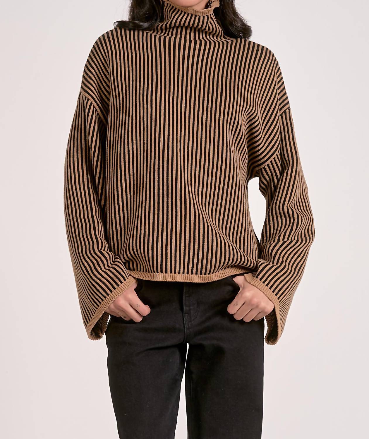 ELAN Striped Long Sleeve Sweater in tan black stripe - women's sweater