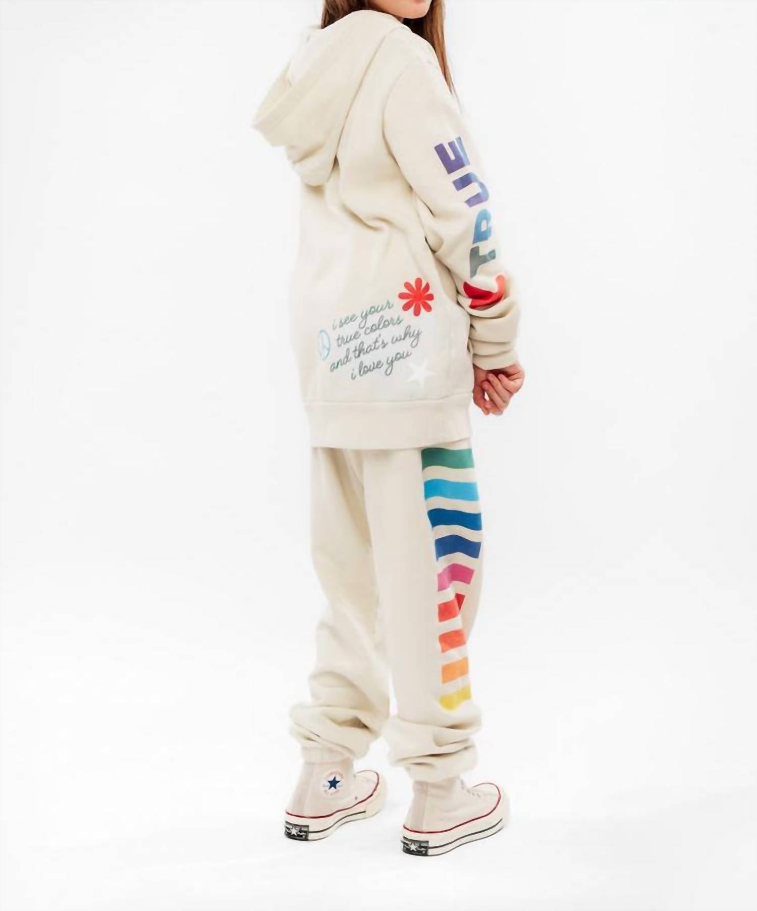 ROWDY SPROUT Girl's True Colors Sweatpants in bone - kids' joggers - detail view