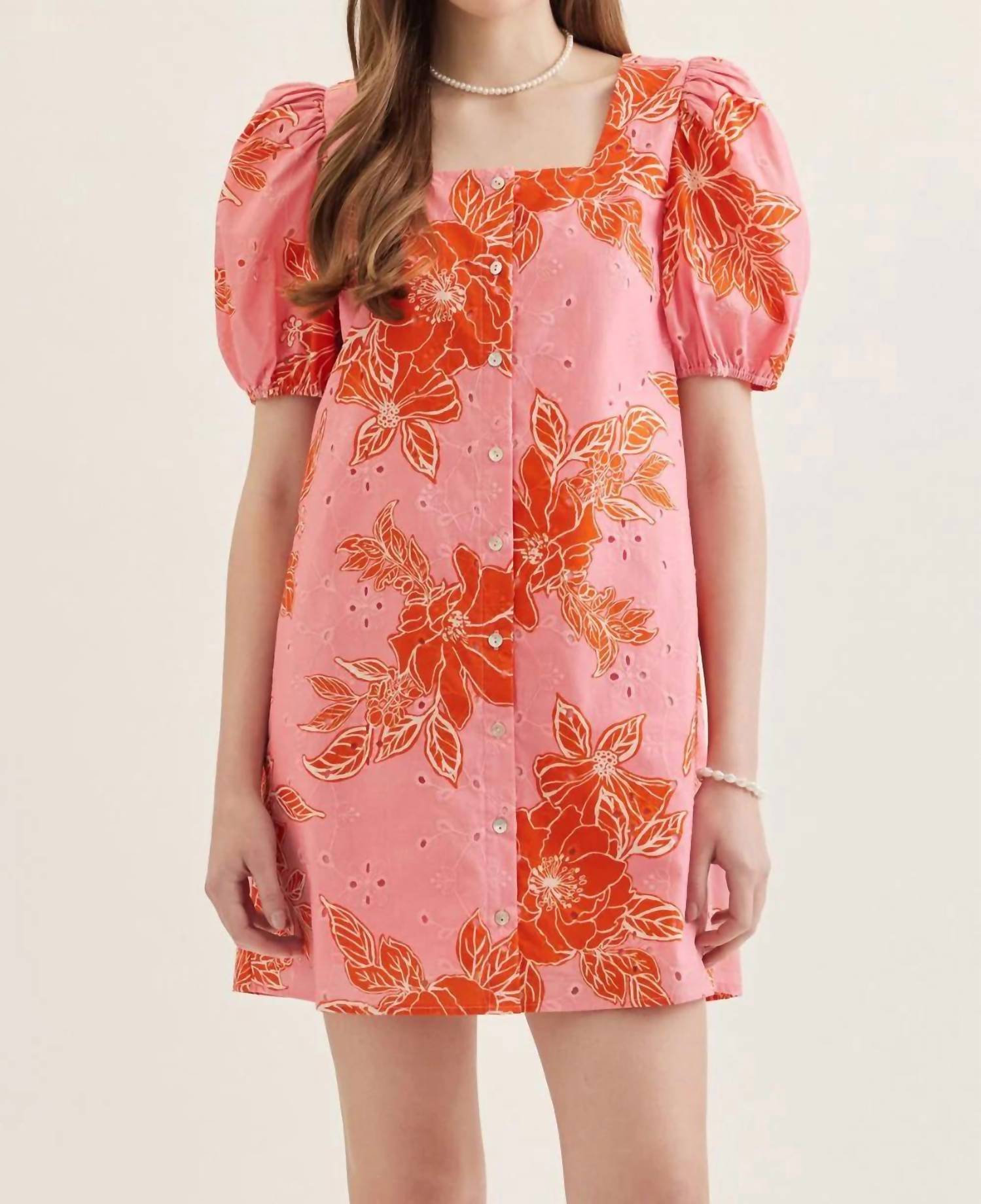 Entro - Botanical Print Puff Sleeve Mini Dress