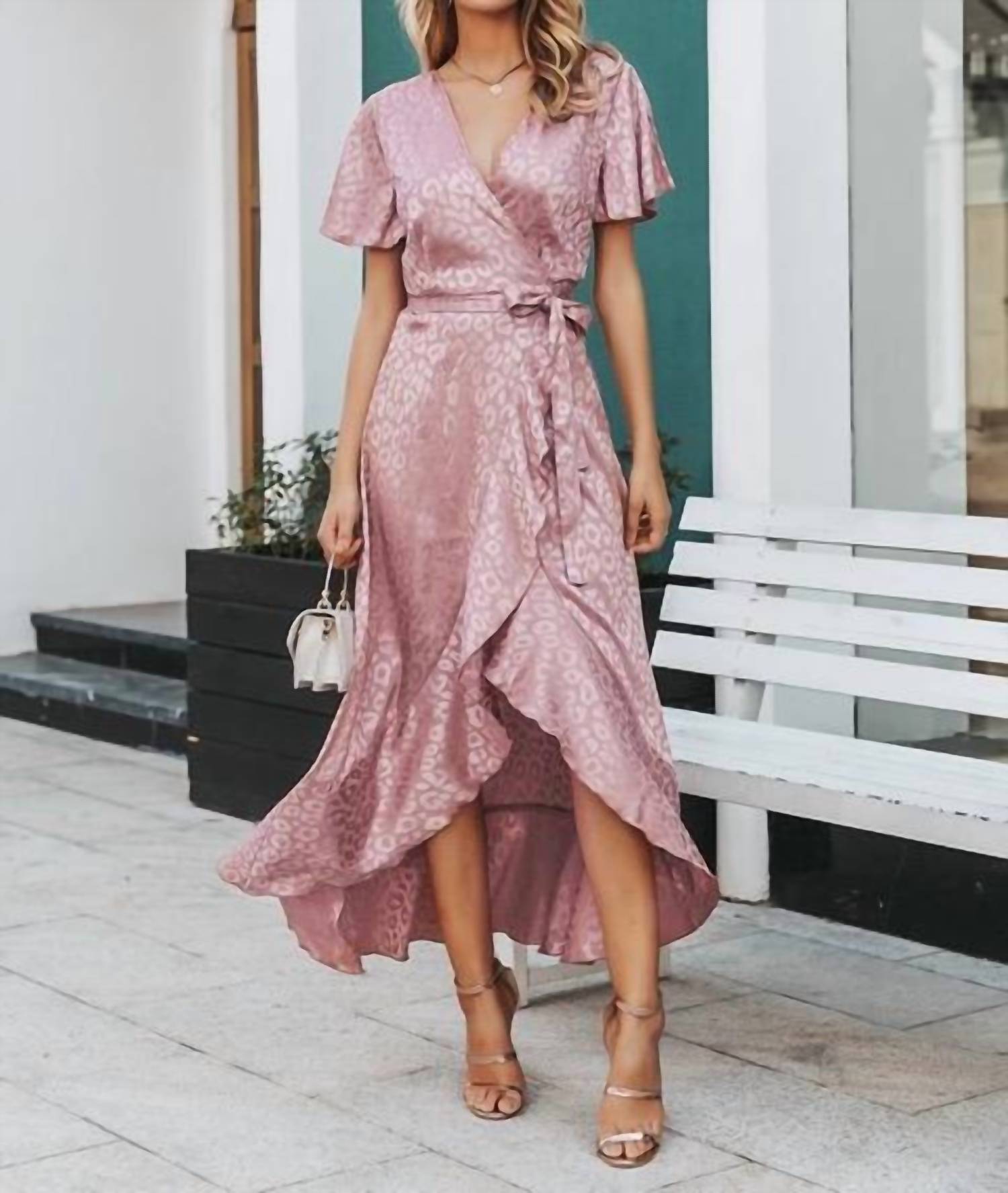 Simplee Apparel - Asymmetrical Ruffle Hem Wrap Maxi Dress