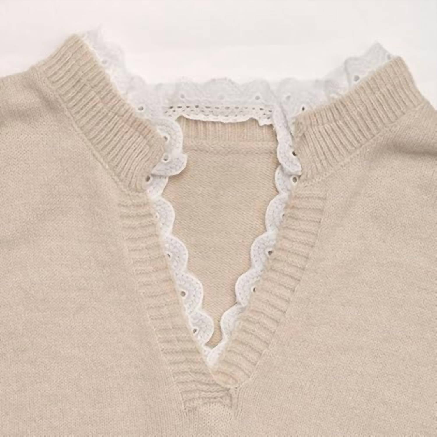 Lily Clothing V-neck Patchwork Lace Collar Sweater in light khaki - women's sweater - view 4