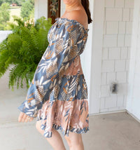 Listicle Vintage Square Neck Mini Dress in blue beige - women's dress - alternate view