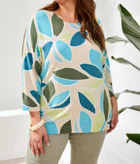 TRIBAL Printed Three-quarter Sleeve Crew Neck Sweater in aqua sky - women's sweater - detail view