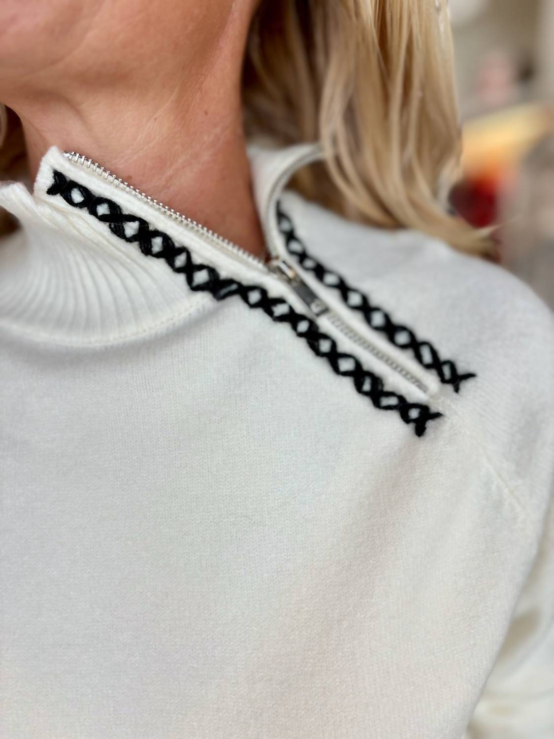 CHARLIE B Super Plush Raglan Sweater With Zip in ecru - women's sweater - detail view