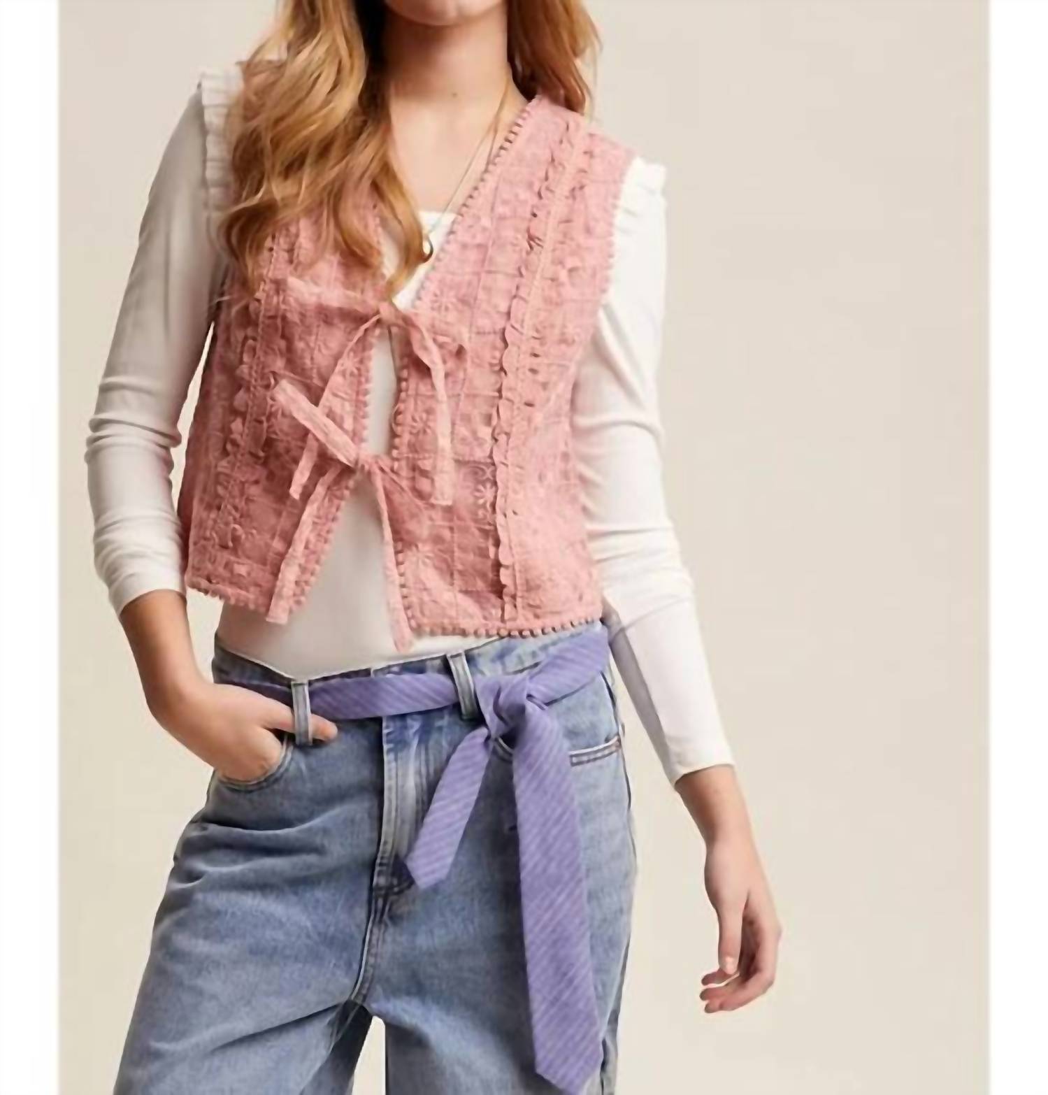 Listicle - Embroidered Lace Tie-front Vest
