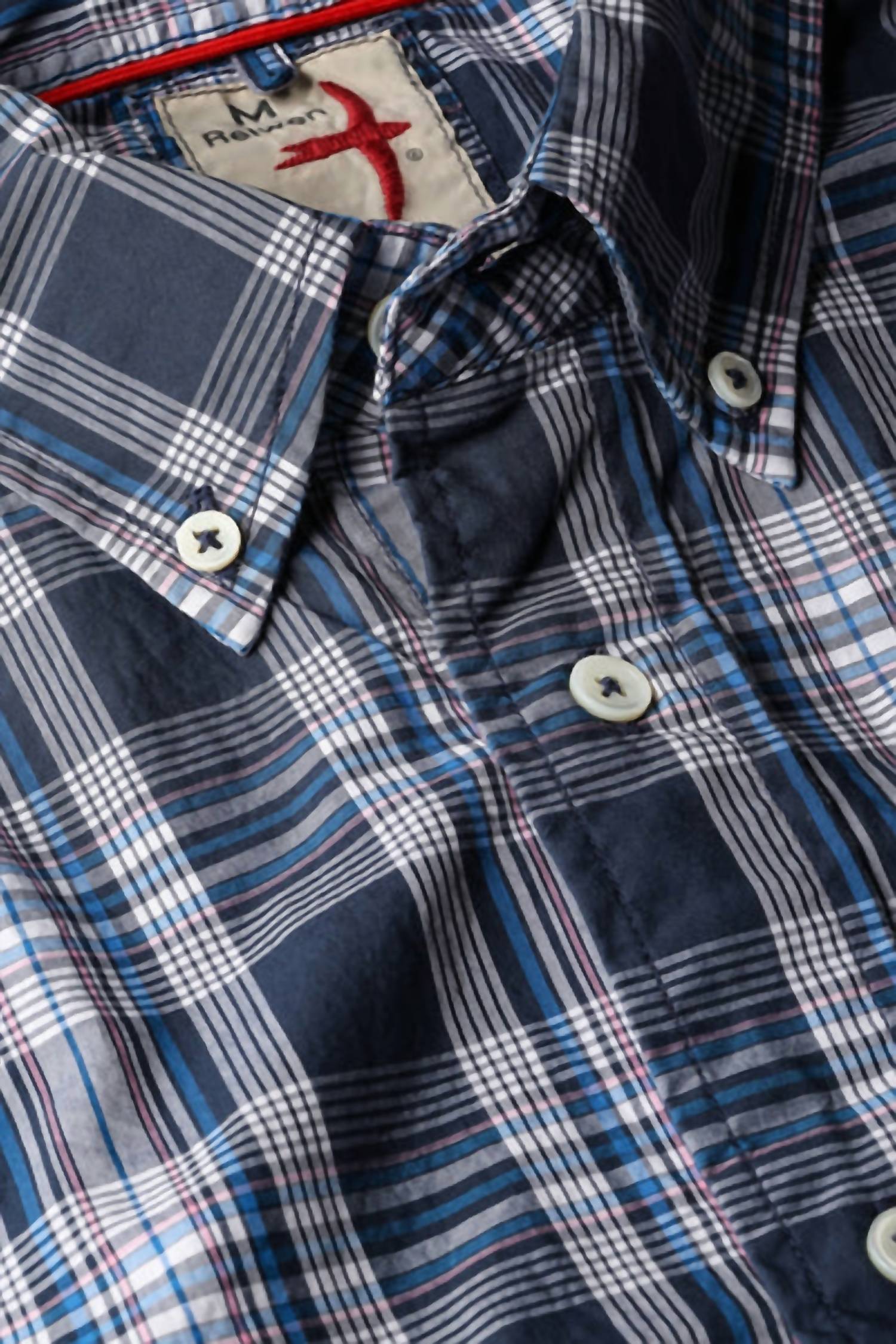 Relwen Men's Broadcloth Plaid Long Sleeve Shirt in midnight white plaid - men's shirt - detail view