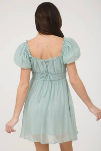 Blu Pepper - Balloon Sleeve Ruffle Trim Back Lace Up Mini Dress