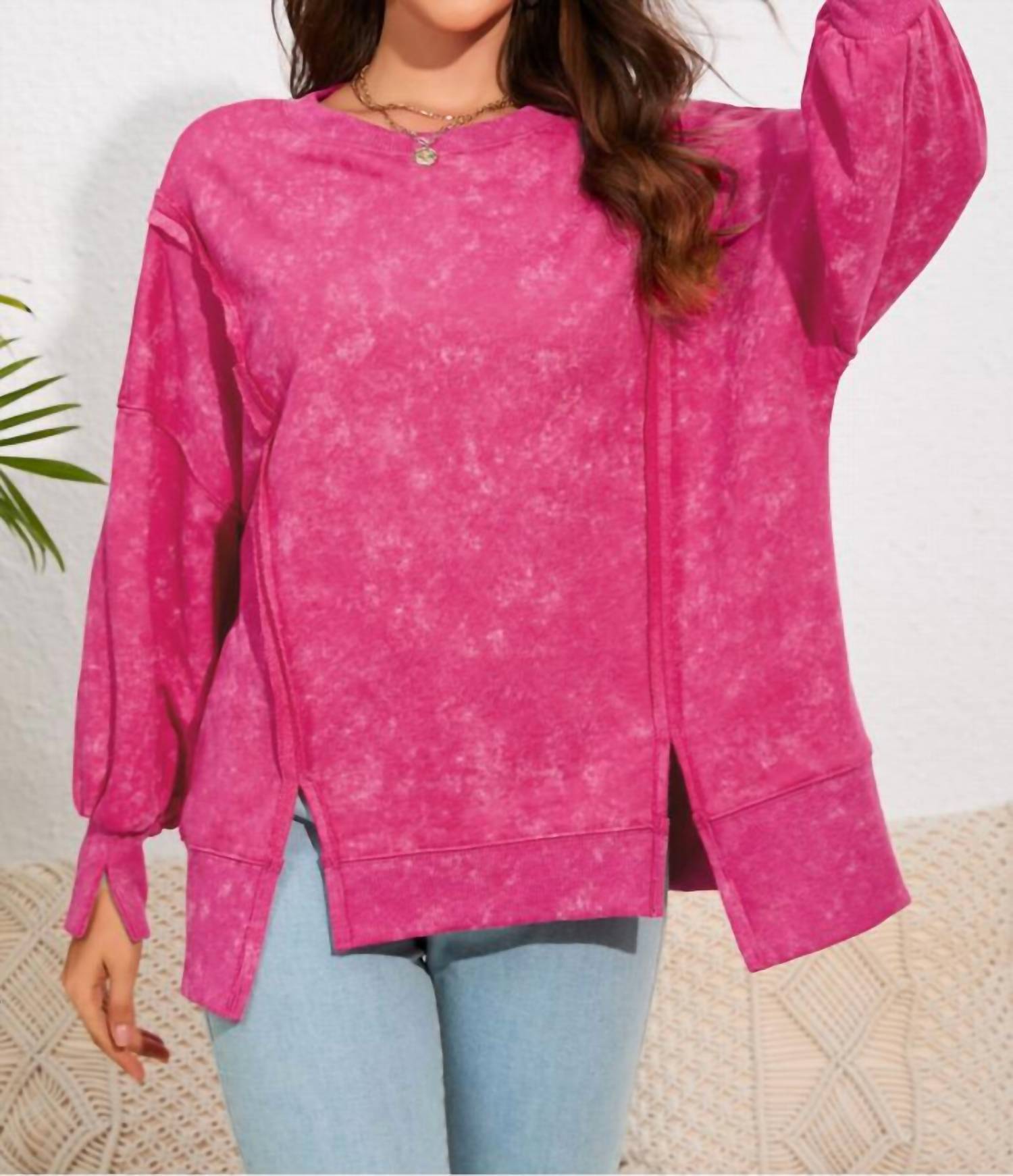Shiying Fashion - Acid Wash Relaxed Fit Seamed Pullover Sweatshirt with Slits