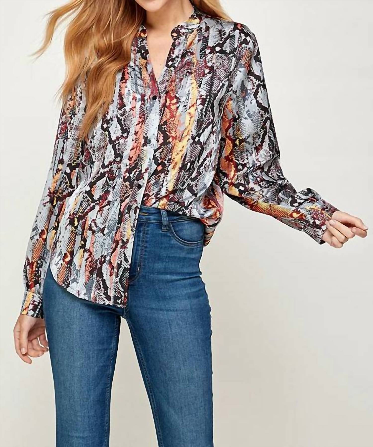 SEE AND BE SEEN Snakeskin Print Long Sleeve Shirt in blue multi - women's blouse - view 4