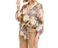 Karen Kane Blouson Sleeve Satin Tie-front Top - Petite in print - women's blouse - detail view