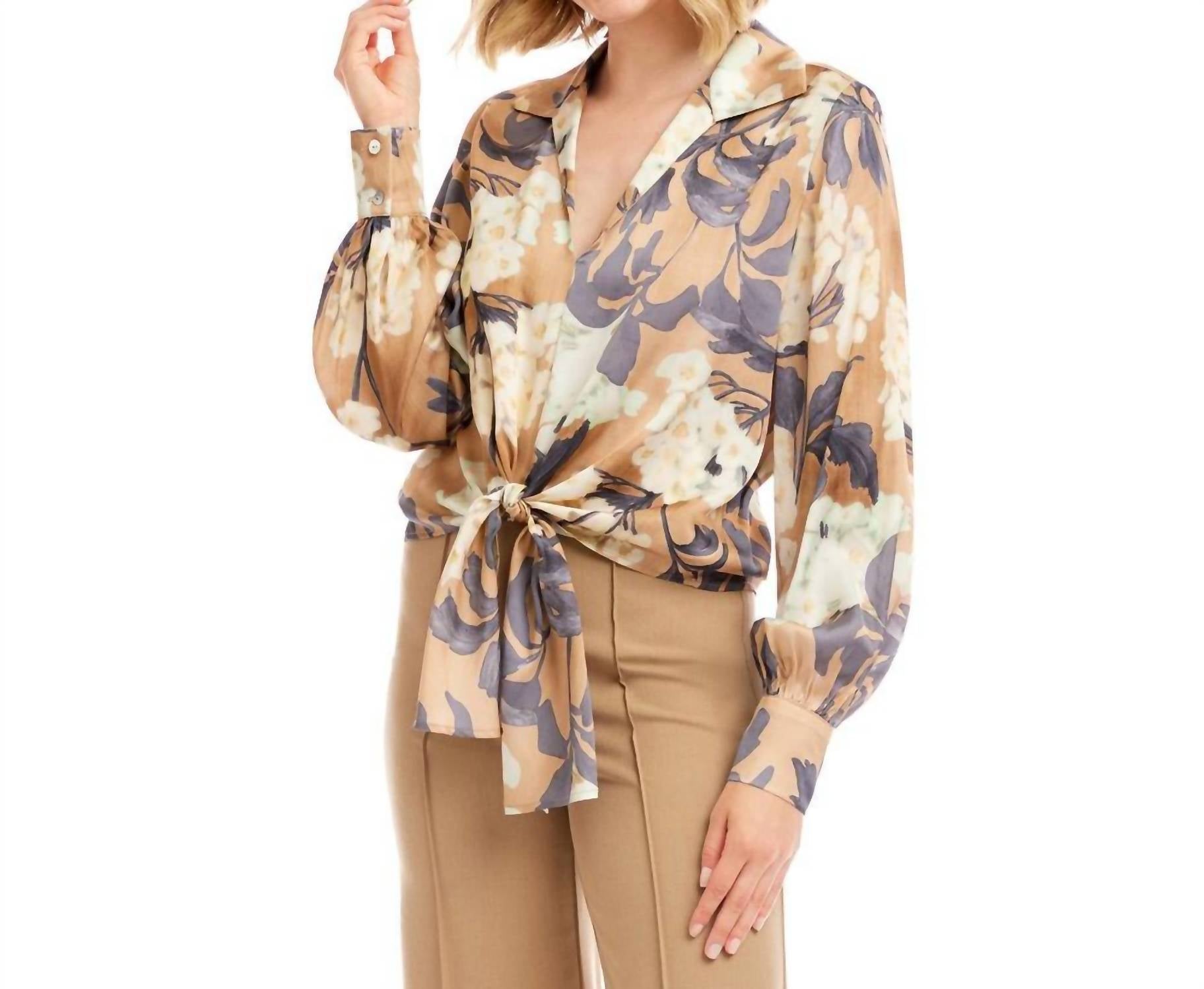 Karen Kane Blouson Sleeve Satin Tie-front Top - Petite in print - women's blouse - detail view