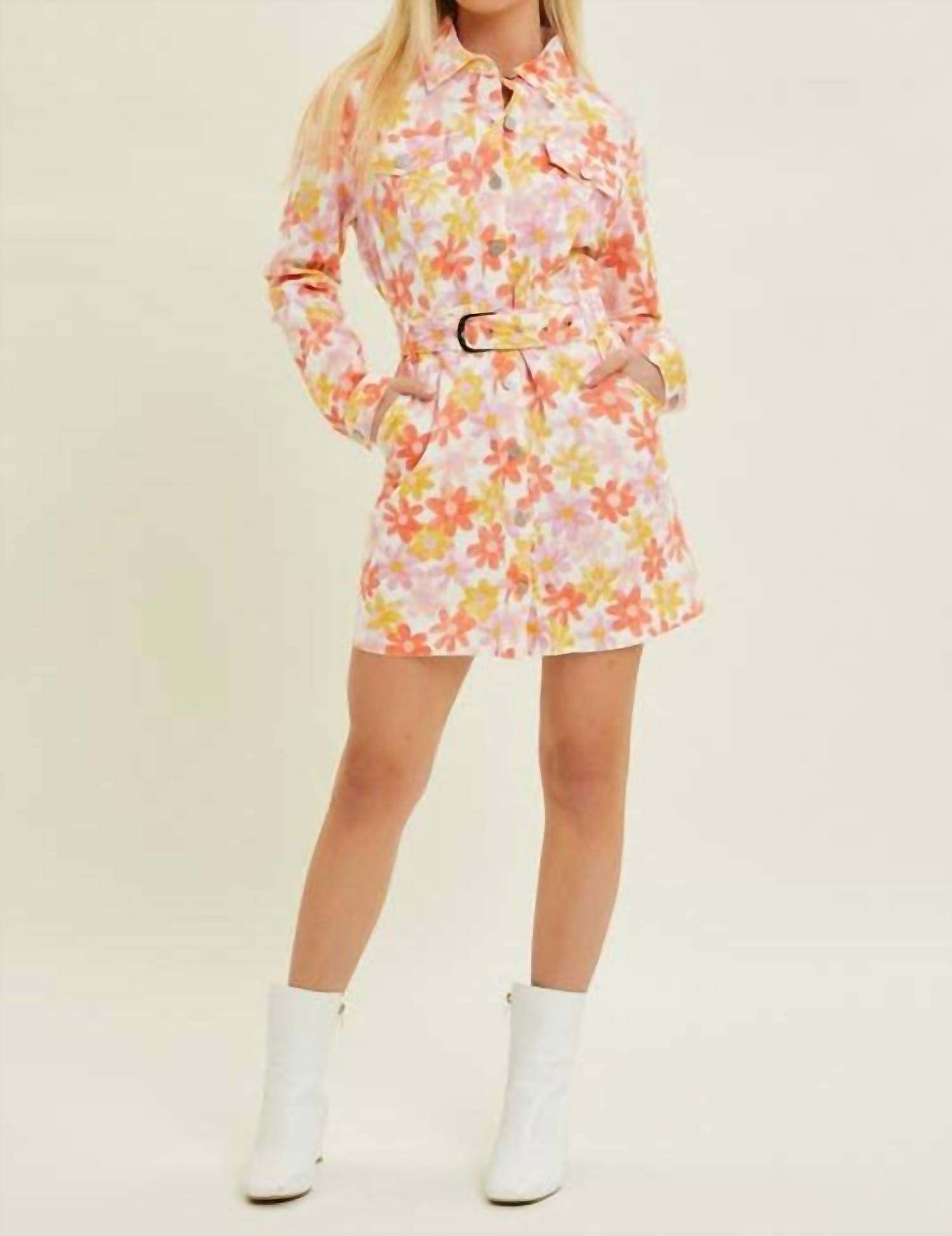Baevely By Wellmade - Watercolor Daisies Denim Dress