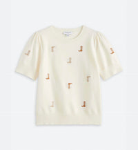 Gilli - Round Neck Puff Sleeve Embroidered Knit Top