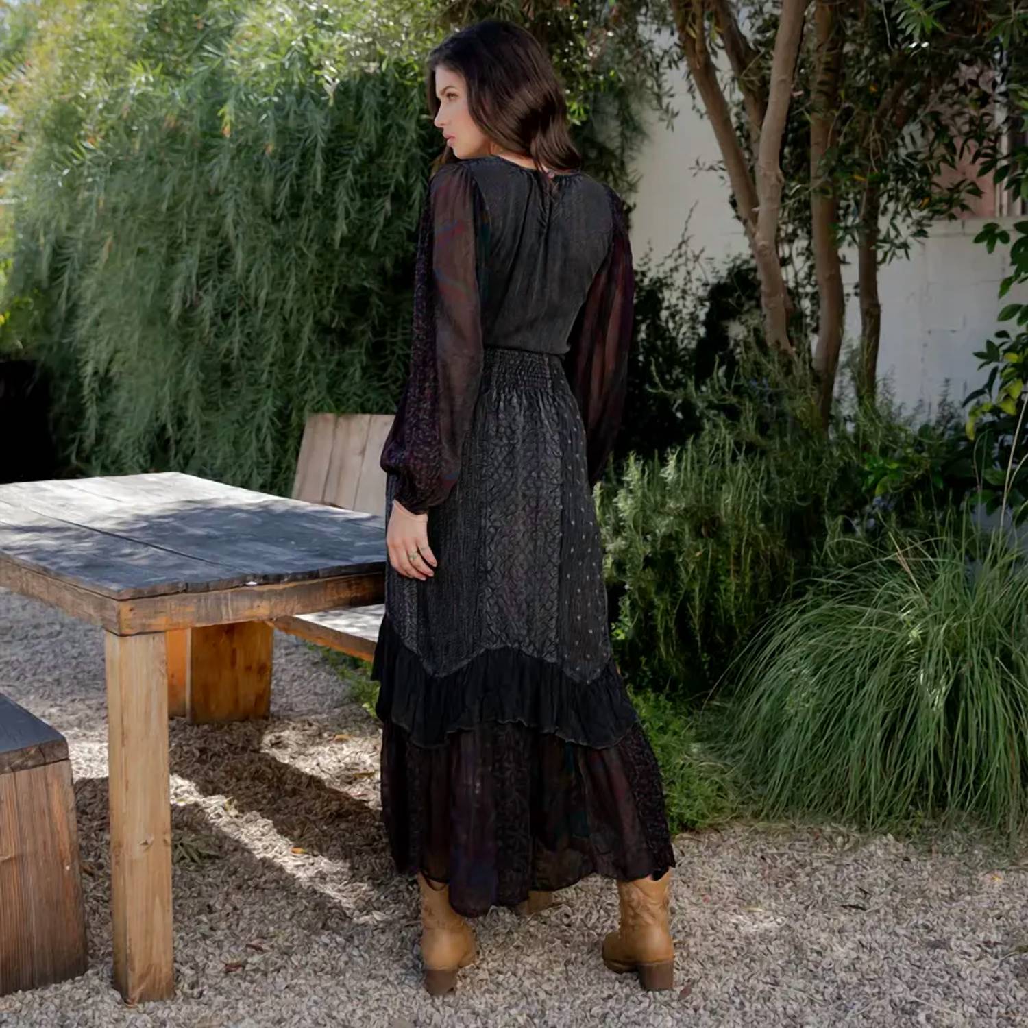 Young Threads - Embroidered Ruffle Maxi Smocked Dress with Sheer Sleeves