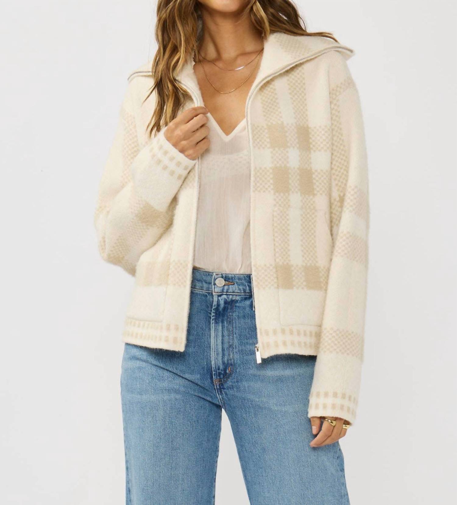 Lovestitch - Plaid Knit Zip-up Bomber Jacket