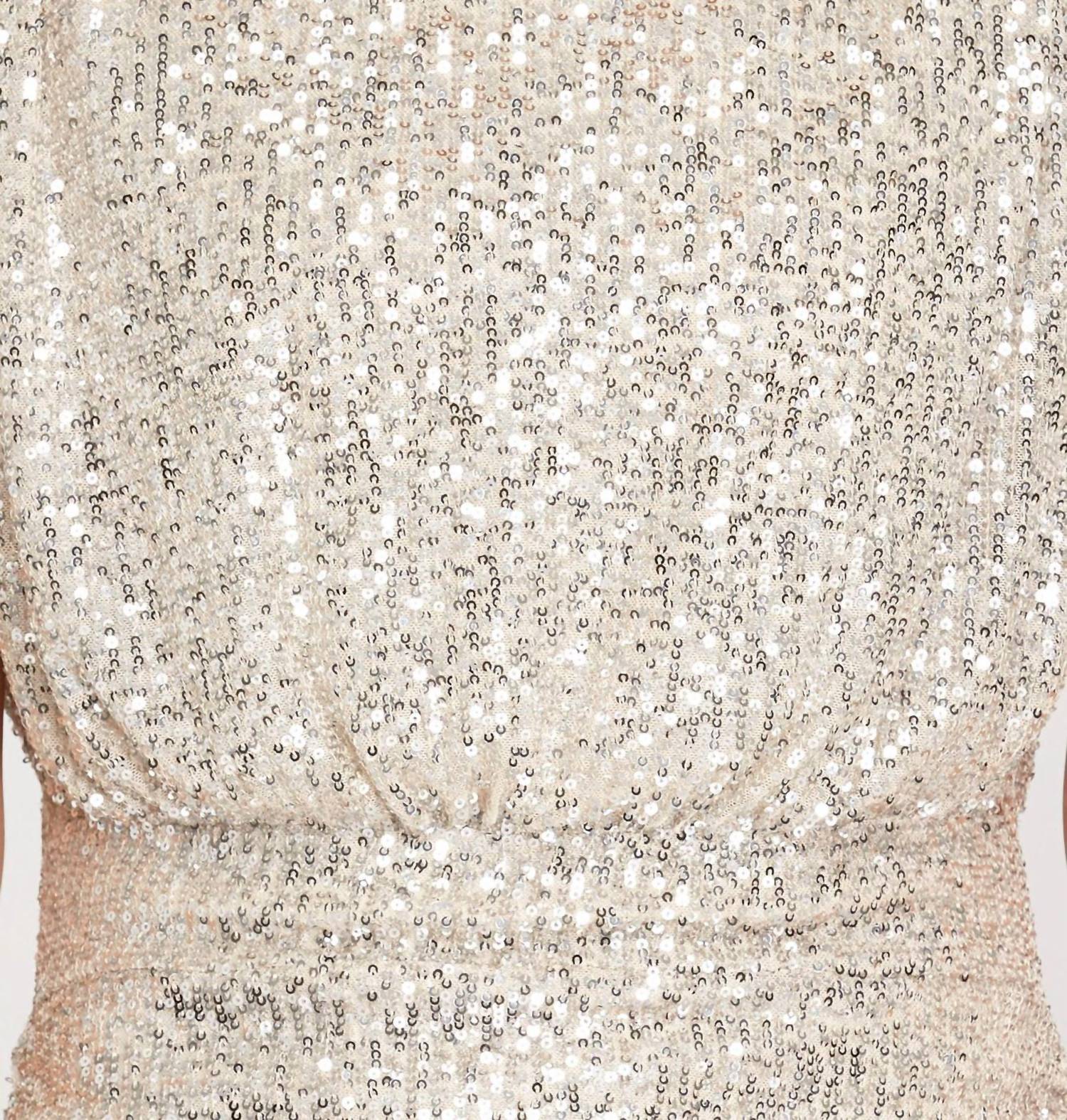 She + Sky - Sleeveless Padded Shoulder Sequin Dress With Shirred Bottom