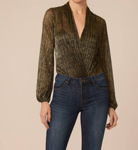 GILNER FARRAR Nerine Top Bodysuit in green gold metallic crinkle - women's shirt