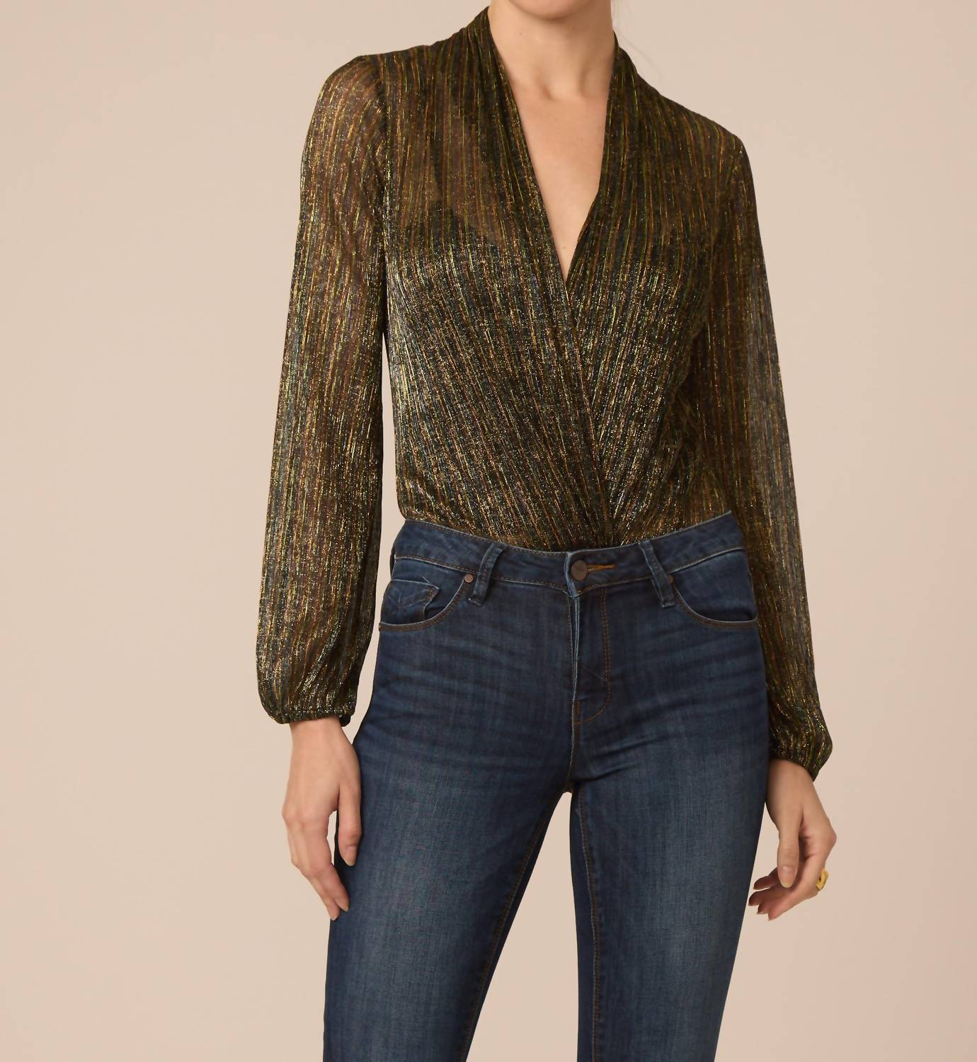 GILNER FARRAR Nerine Top Bodysuit in green gold metallic crinkle - women's shirt