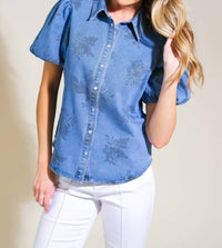 FLYING TOMATO Selena Floral Print Washed Denim Top in medium blue - women's blouse - view 4