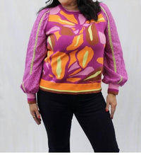 Fate - Contrast Lace Sleeve Jacquard Sweater