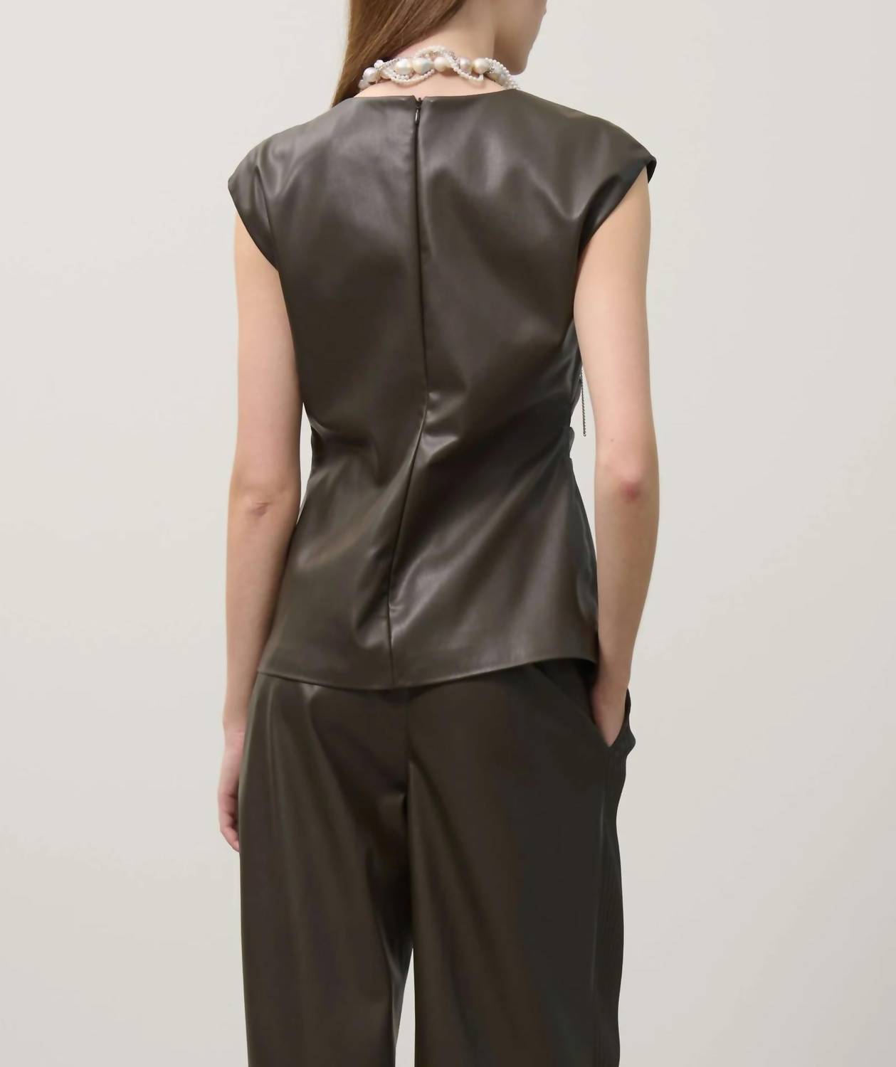Beatrice .b Sleeveless Eco-leather Top in taffarel - women's t-shirt - detail view