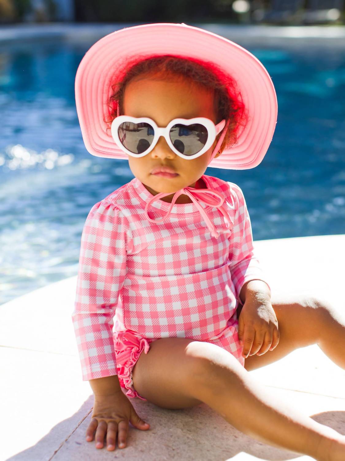 Rufflebutts - Gingham Long Sleeve One Piece Ruffle Rash Guard Swimsuit