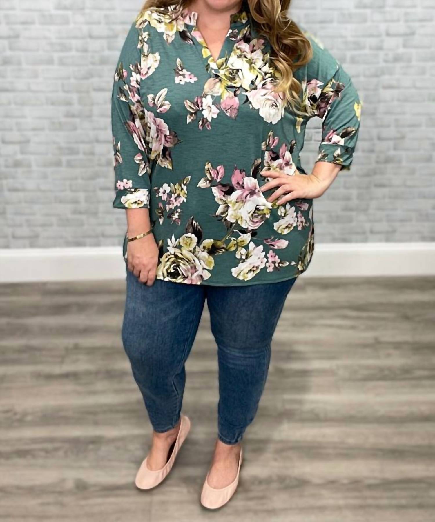Honeyme - Floral Mandarin Collar Gabby Tunic Top