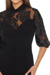 Joseph Ribkoff - Gold Rose Appliqué Sheer Yoke Bodycon Dress
