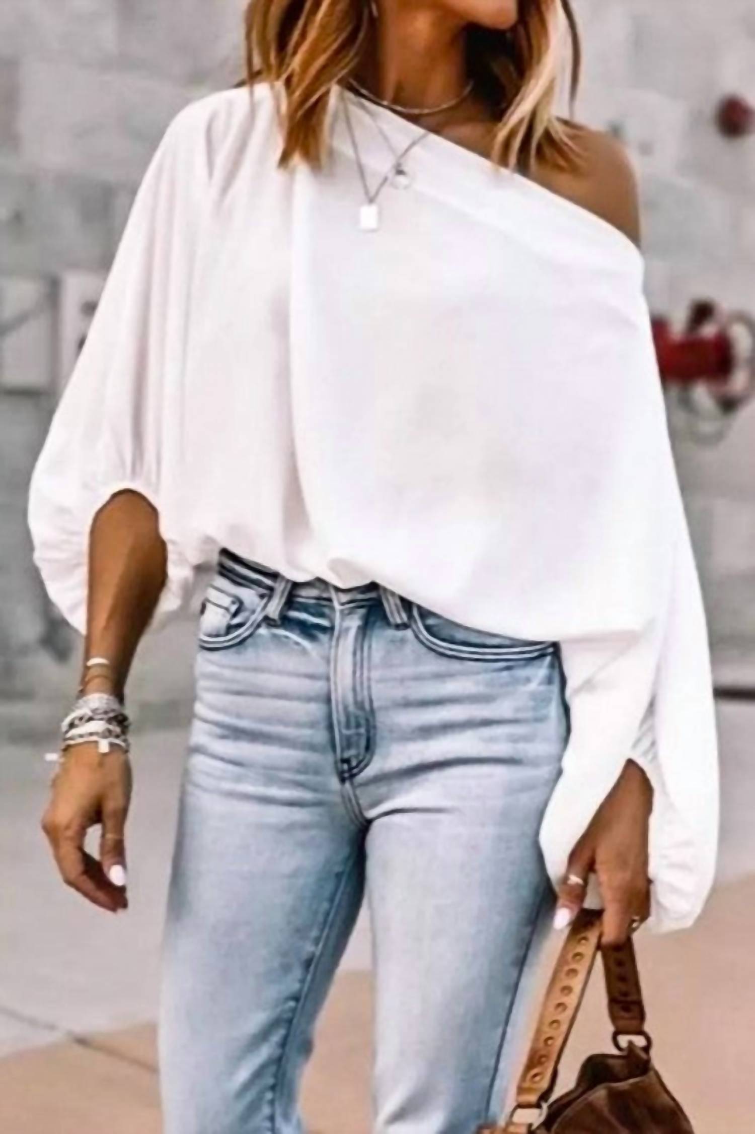 Mazik - Wide Boat Neck Puff Sleeve Detail Loose Fit Blouse