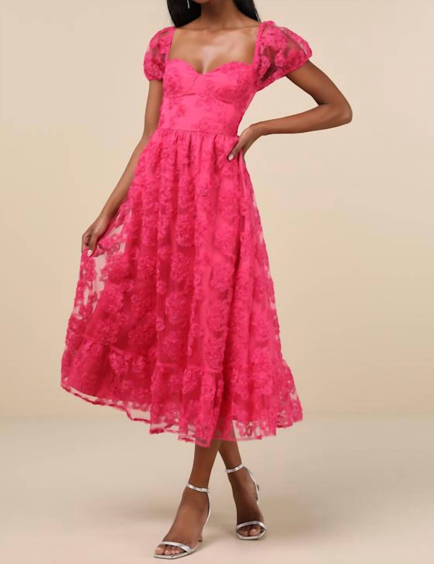 Lulus Women's Notable Elegance Applique Bustier Midi Dress in fuchsia - women's dress