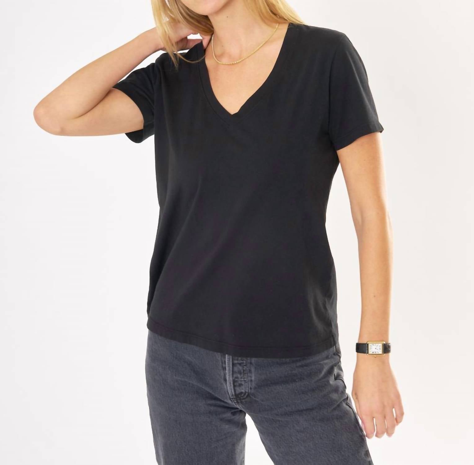 Maison Wheat Charleston V Neck Tee in black - women's t-shirt - detail view