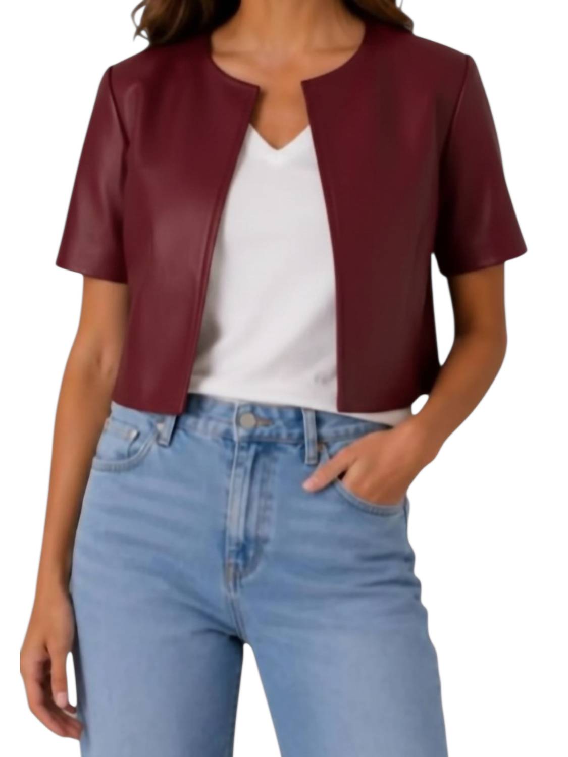 J. Society - Faux Leather Short Sleeve Collarless Jacket
