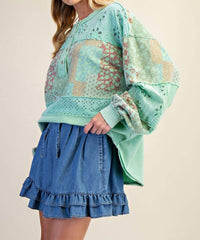 Easel Mixed Print Button Front Washed Top - Plus in atlantis green - women's long sleeve top - detail view