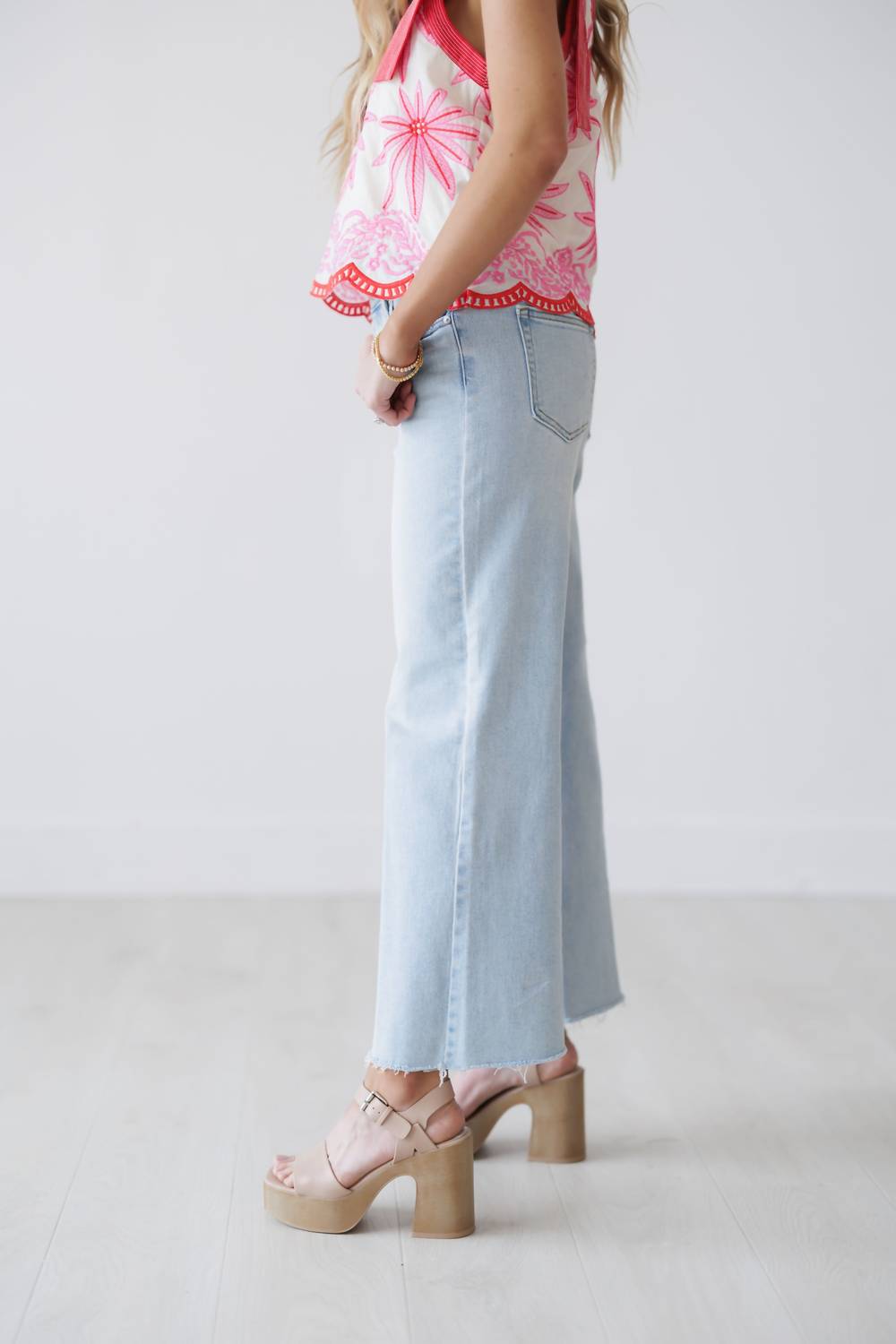 JUST BLACK DENIM Caden Slim Wide Leg Jeans in light denim - women's jeans - detail view