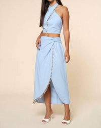 lalavon Amanda Halter Crop Top And Skirt Set in blue - women's skirt - detail view