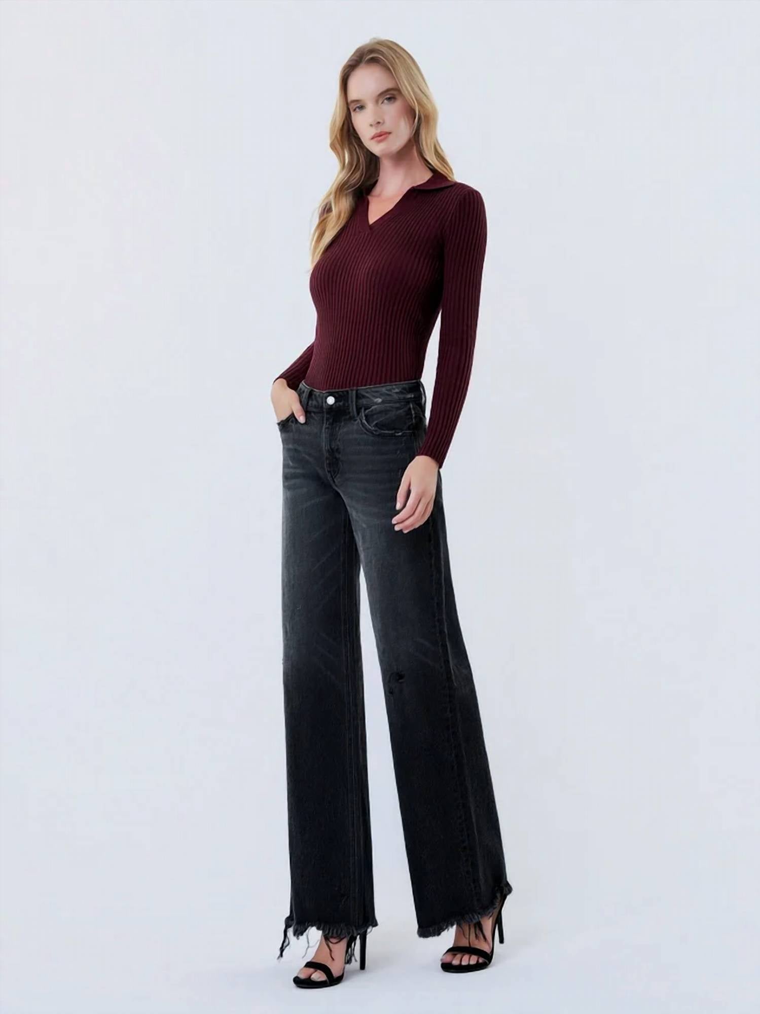 Vervet By Flying Monkey - Mid Rise Distressed Hem Wide Leg Jeans